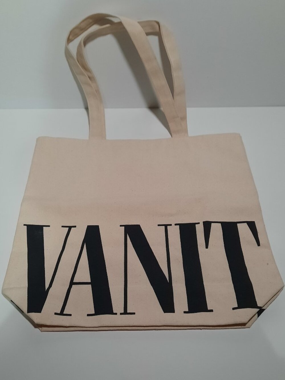 Vanity Fair Beige Canvas Tote Bag Oversized Black Logo Shopper Book Bag